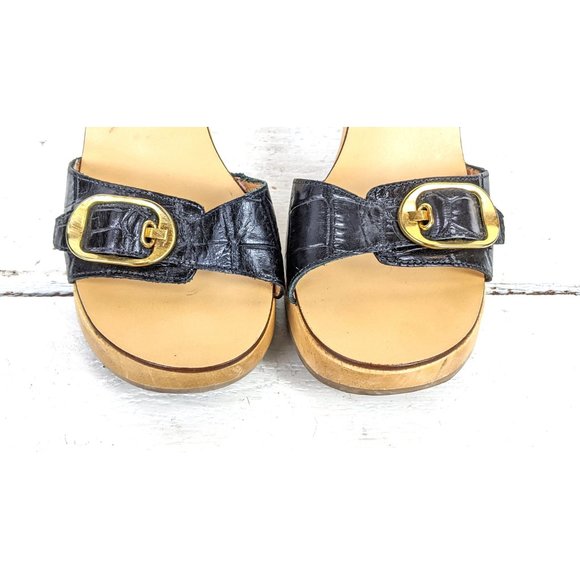 Nine West black leather high heel wooden gold buckle platform open toe clog mule - Picture 7 of 7